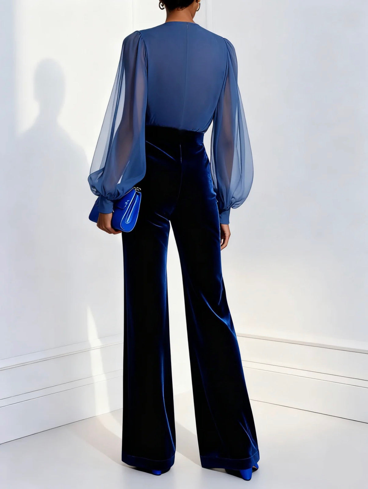 Zaira - Long Velvet Jumpsuit with V-Neck and Long Blue Mesh Sleeves