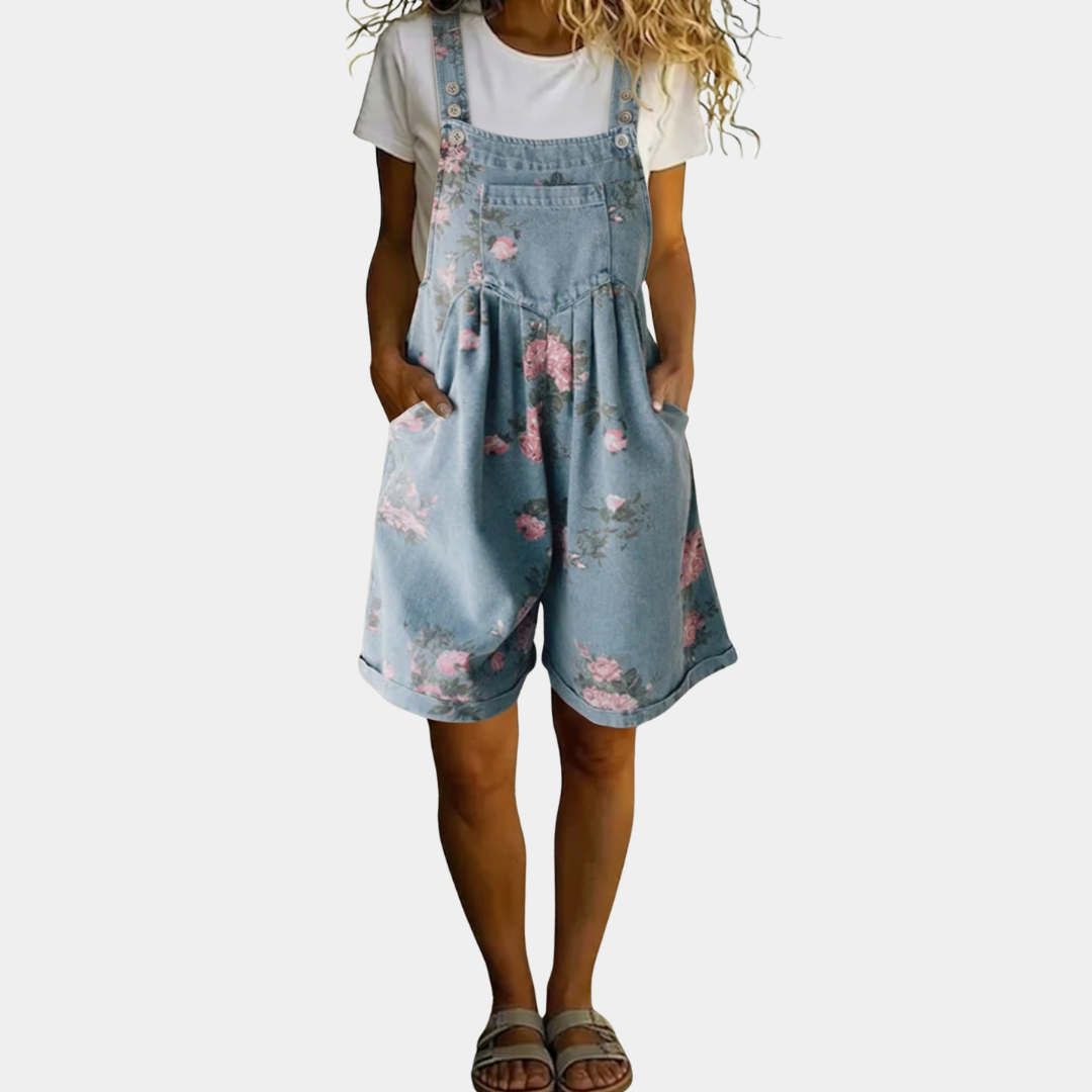 June - Vintage Washed Soft Cotton Feel Denim Floral Jumpsuit