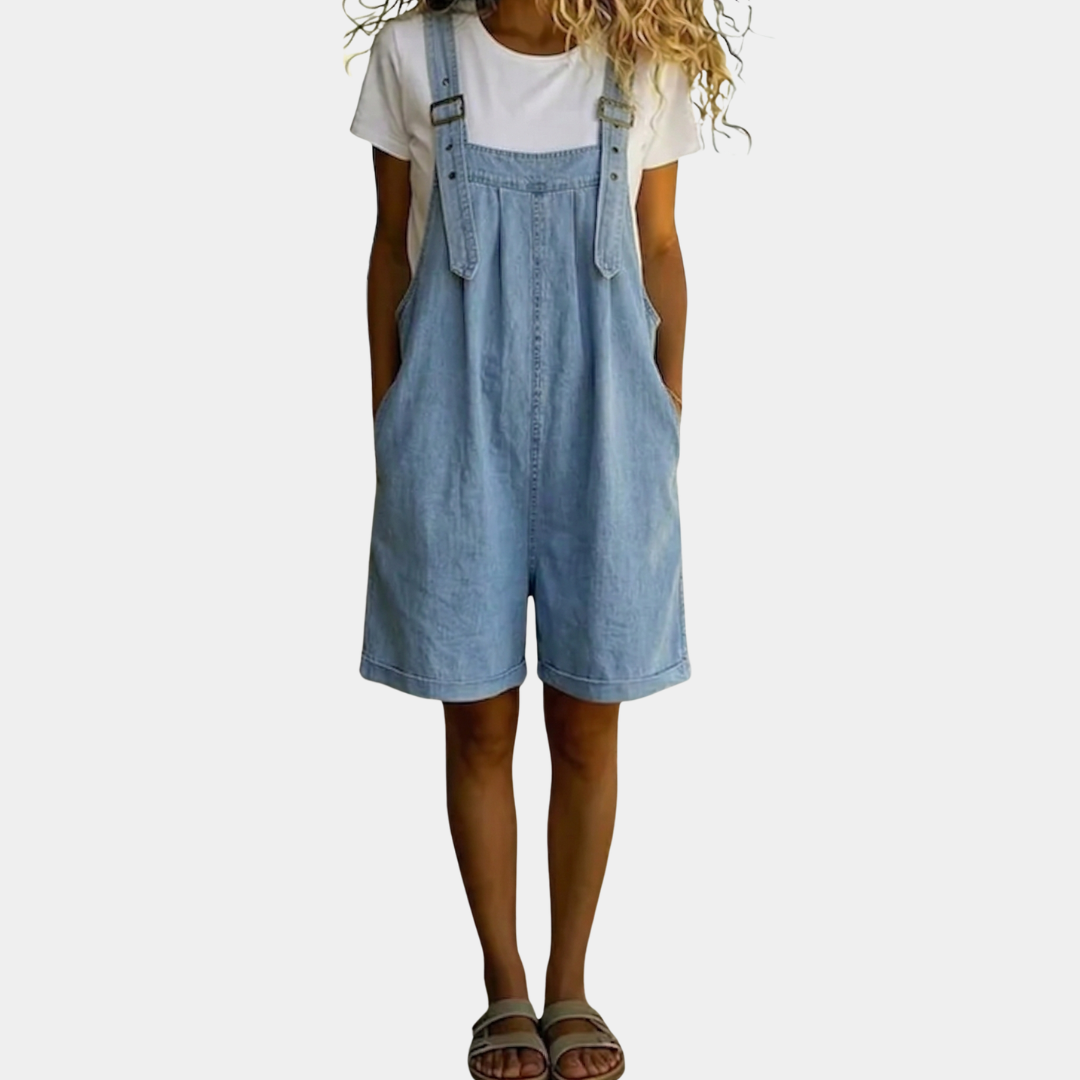 June - Vintage Washed Soft Cotton Feel Denim Short Overall Light blue