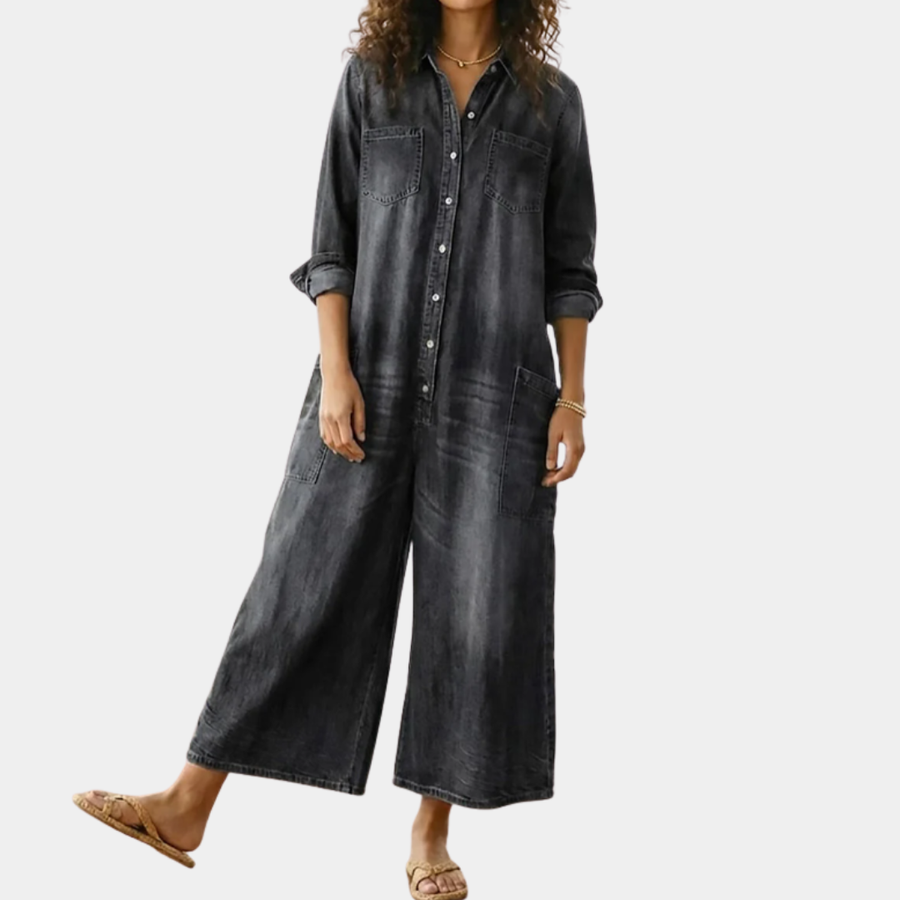 June - Vintage Washed Soft Cotton Denim Jumpsuit with Button Closure