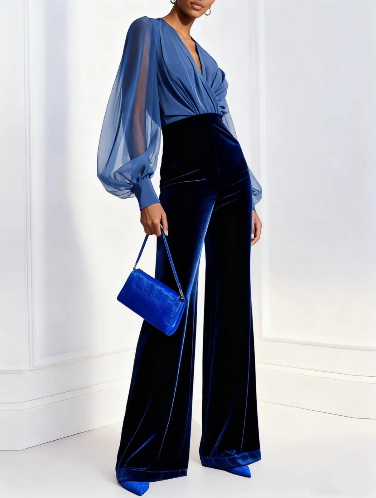 Zaira - Long Velvet Jumpsuit with V-Neck and Long Blue Mesh Sleeves