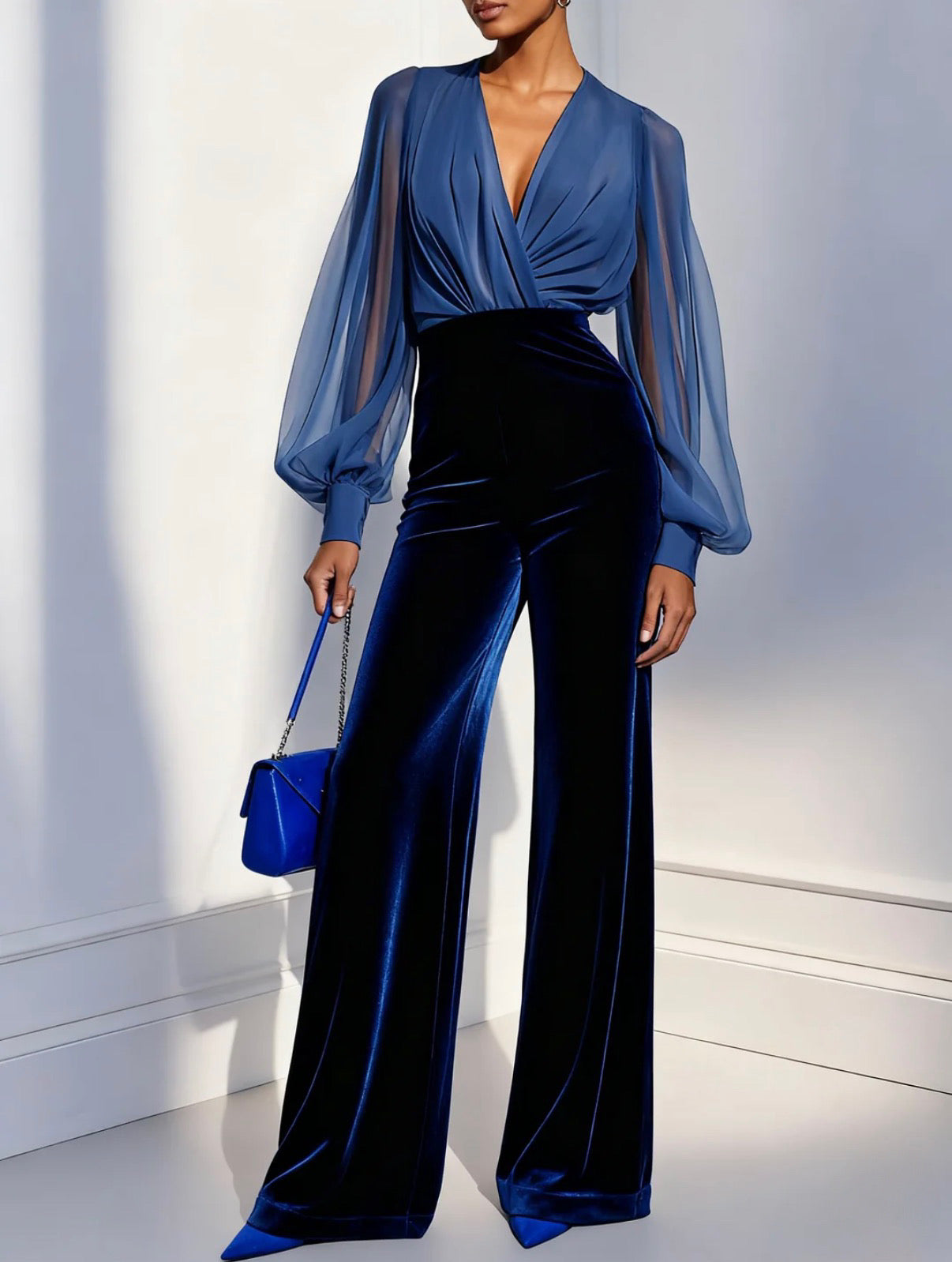 Zaira - Long Velvet Jumpsuit with V-Neck and Long Blue Mesh Sleeves
