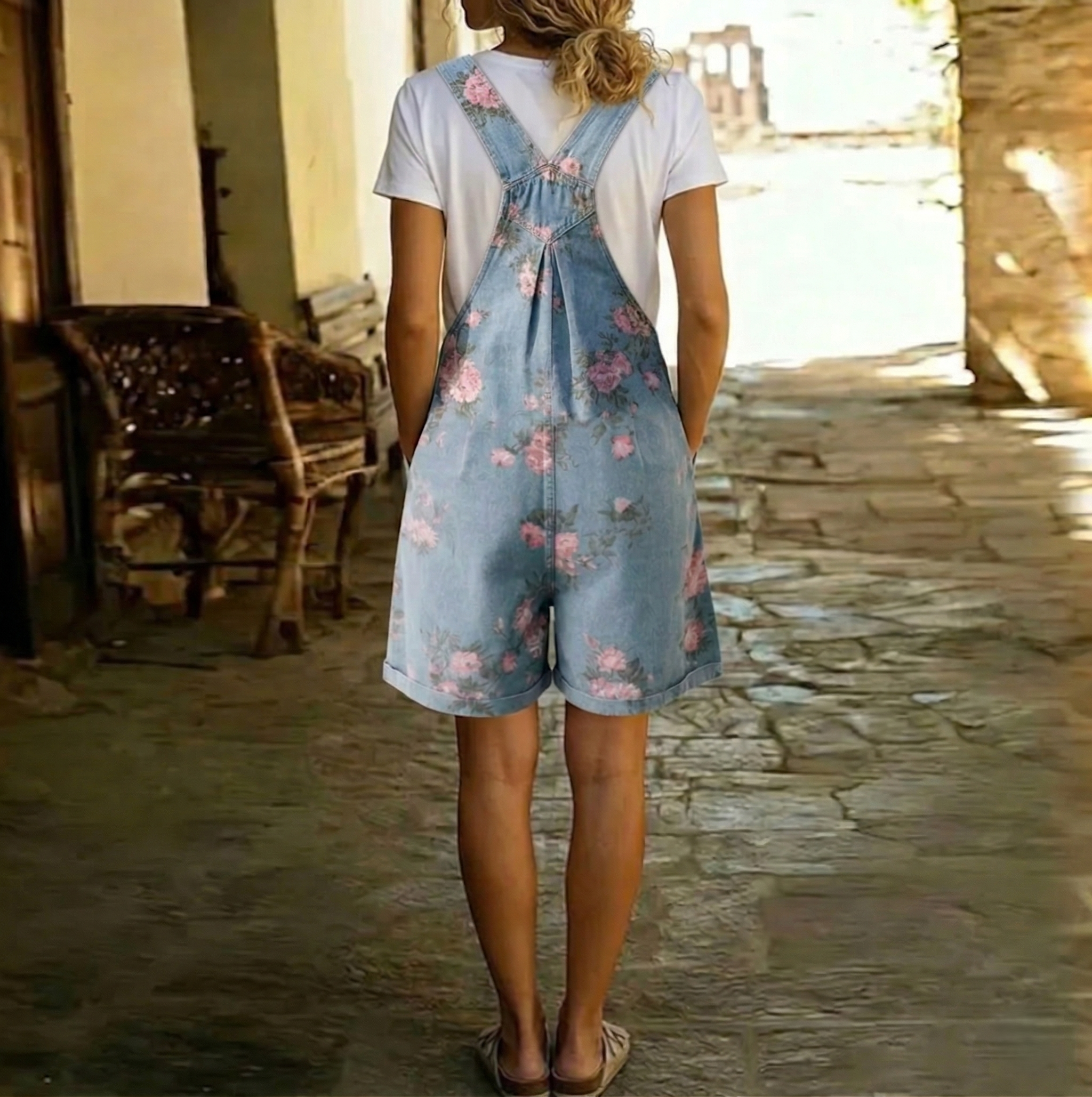 June - Vintage Washed Soft Cotton Feel Denim Floral Jumpsuit