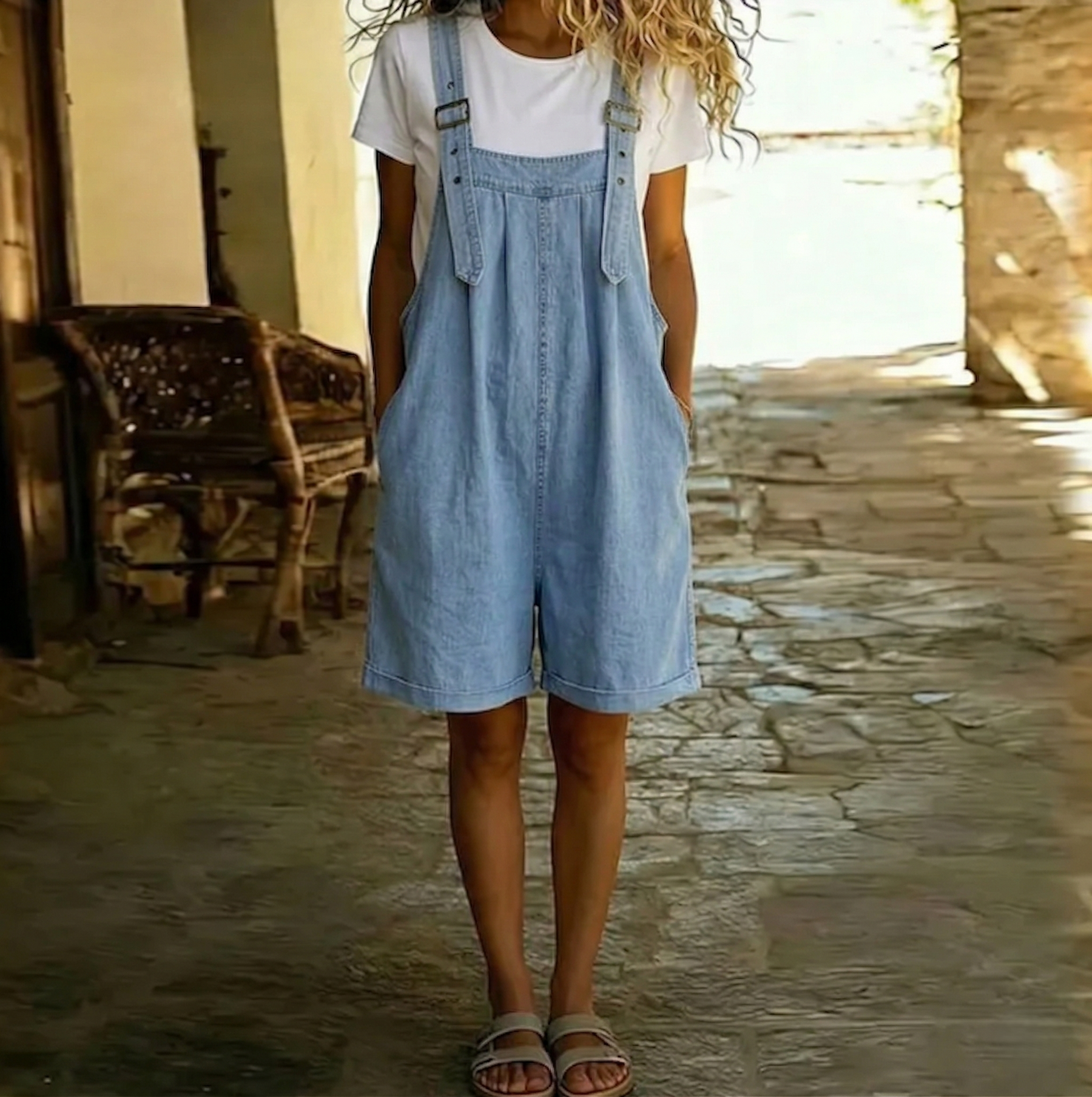June - Vintage Washed Soft Cotton Feel Denim Short Overall Light blue