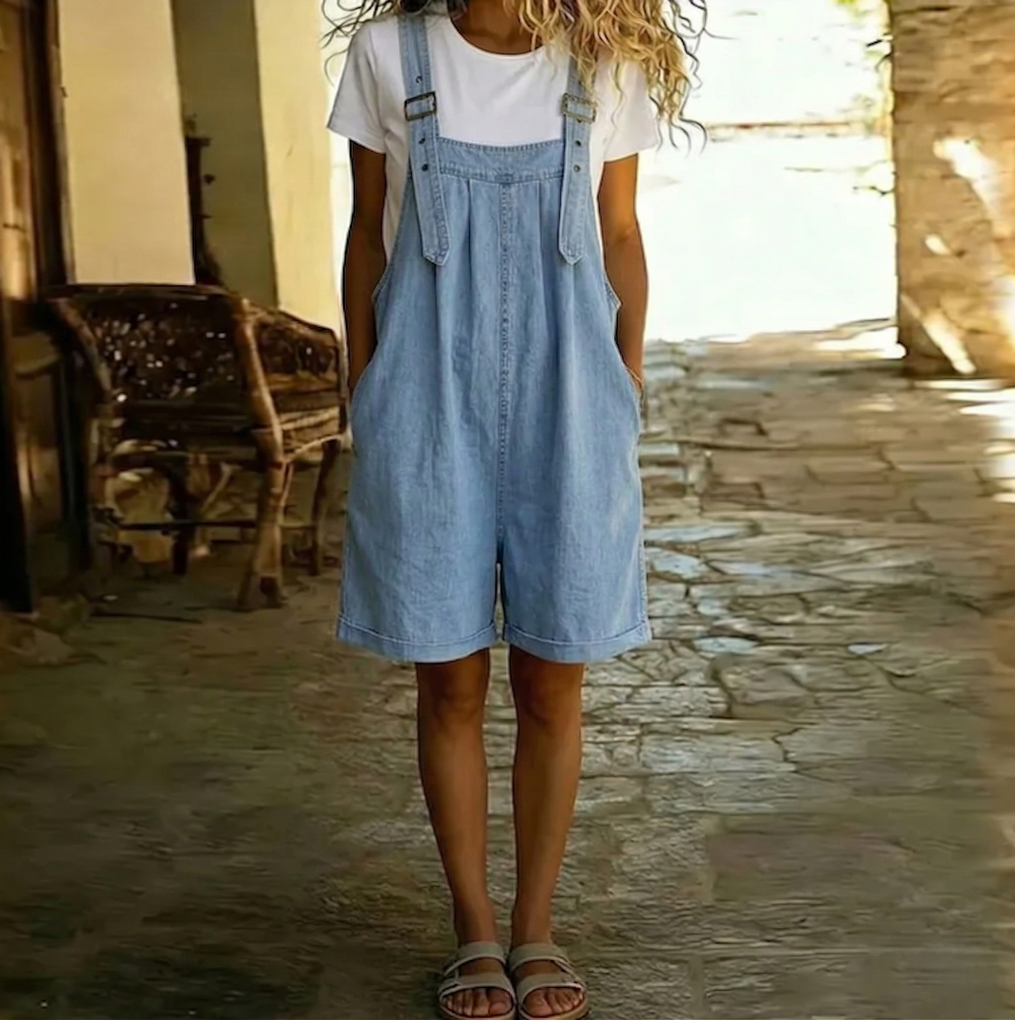 June - Vintage Washed Soft Cotton Feel Denim Short Overall Light blue