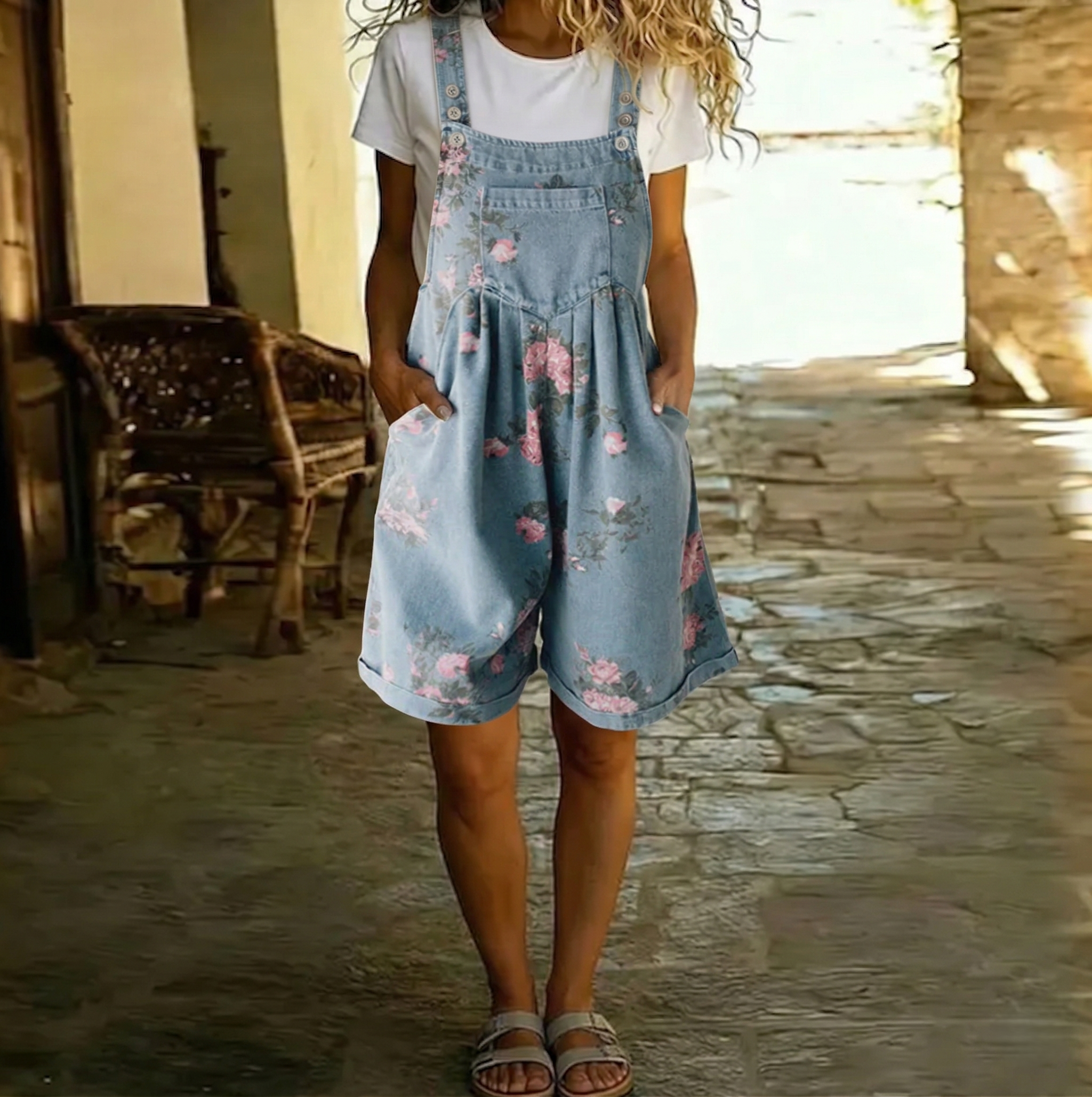 June - Vintage Washed Soft Cotton Feel Denim Floral Jumpsuit