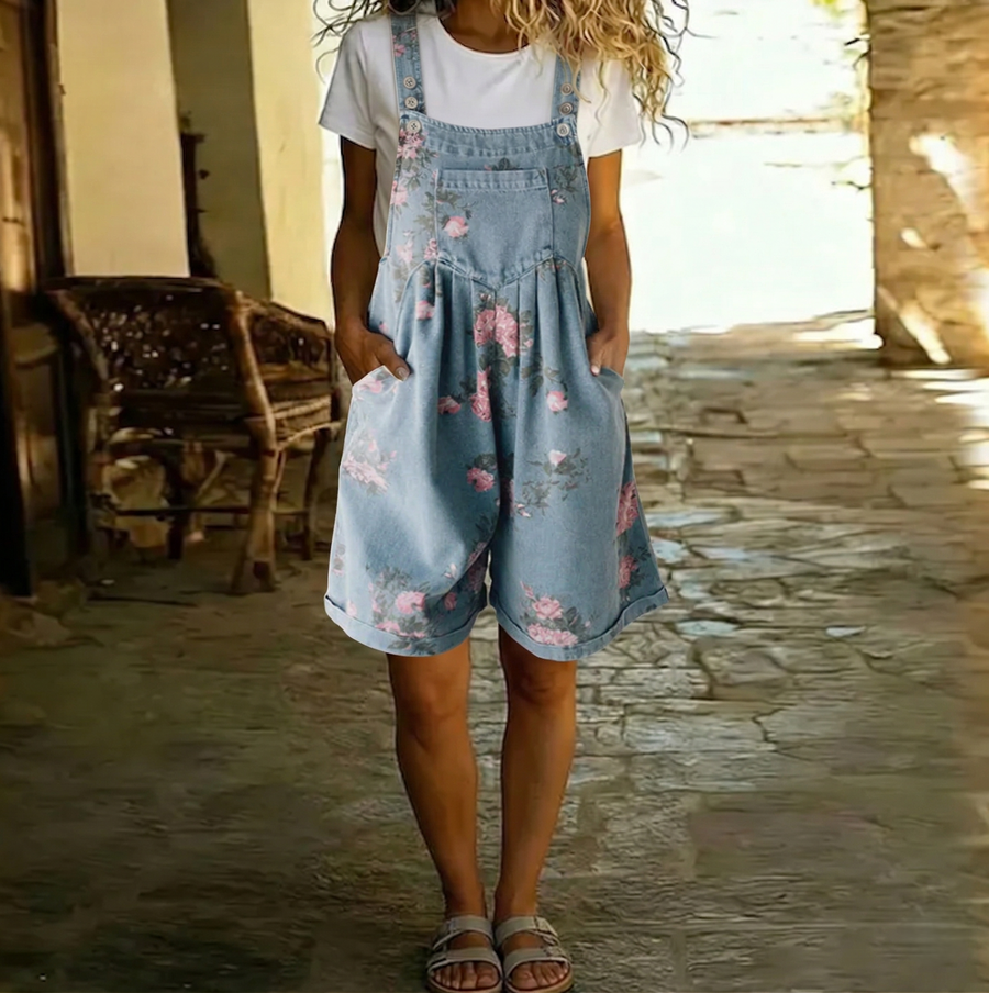 June - Vintage Washed Soft Cotton Feel Denim Floral Jumpsuit