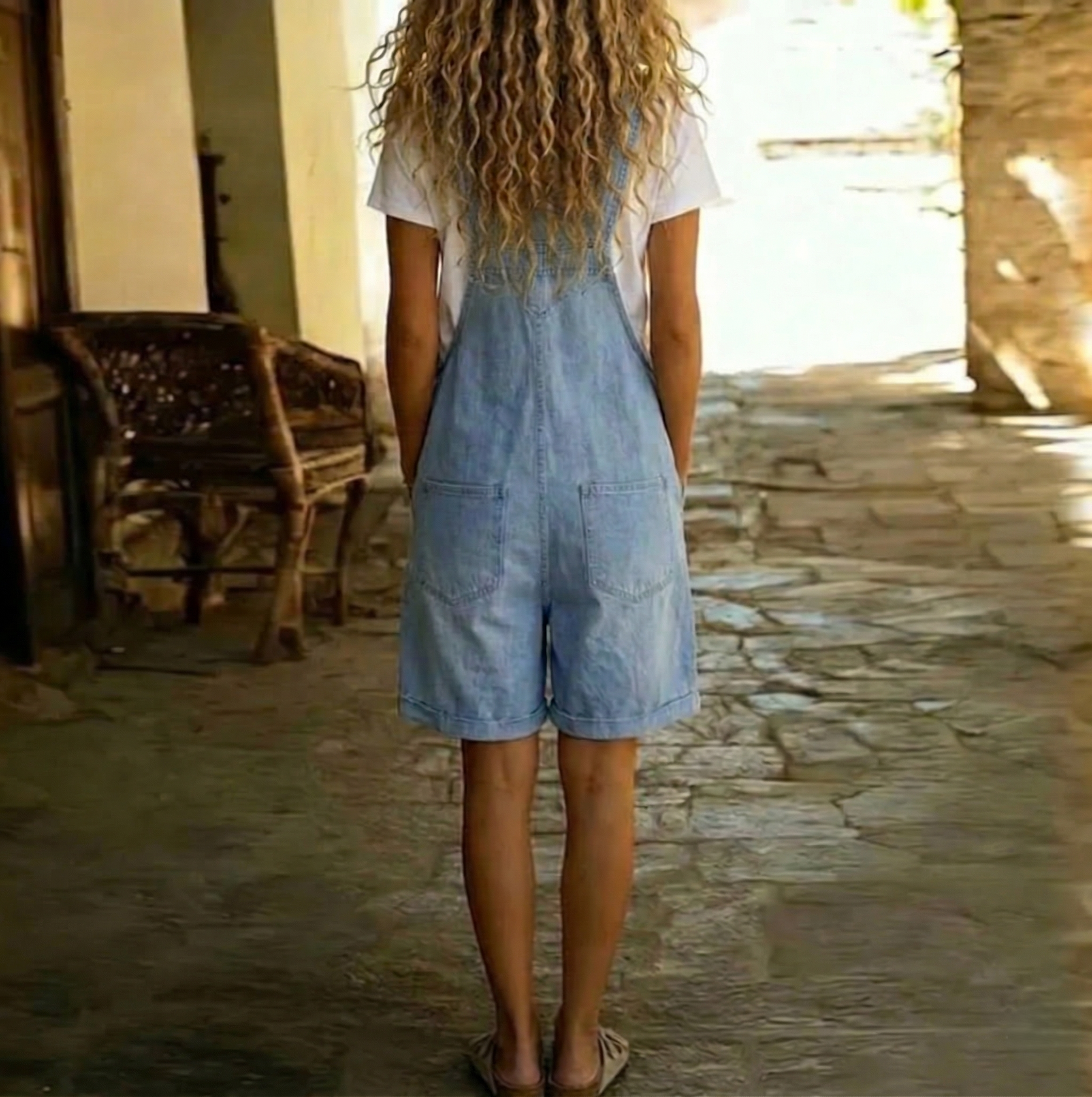 June - Vintage Washed Soft Cotton Feel Denim Short Overall Light blue