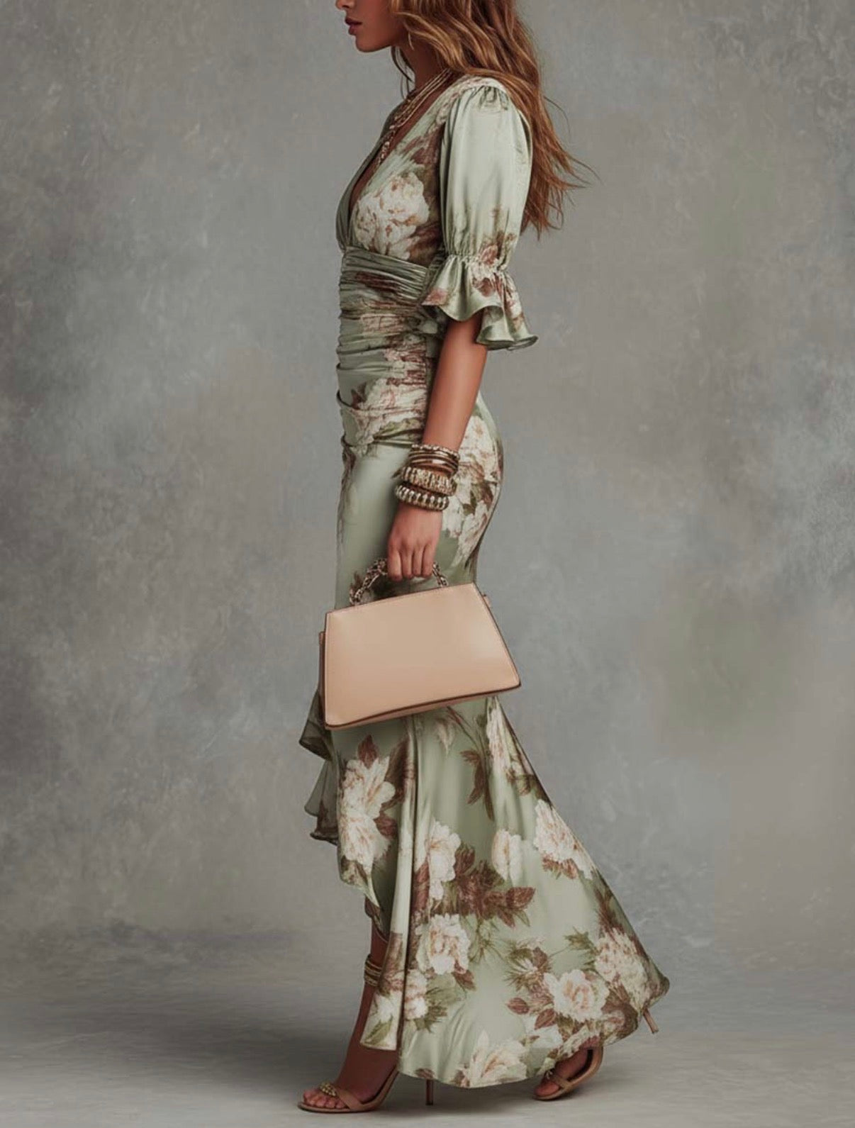 Anna | Asymmetrical Long Dress with V-Neck, Flared Puff Sleeves, and Floral Pattern