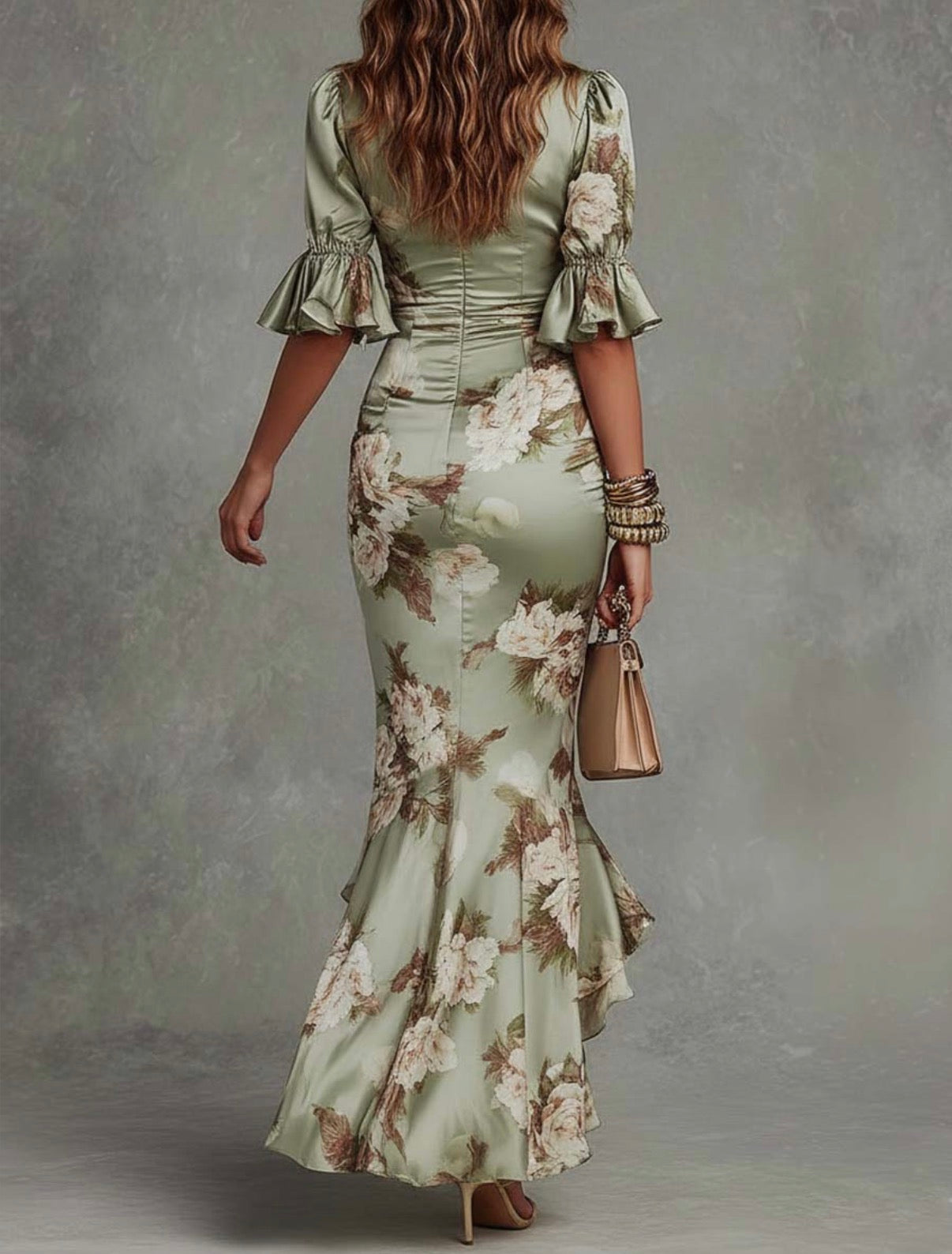 Anna | Asymmetrical Long Dress with V-Neck, Flared Puff Sleeves, and Floral Pattern