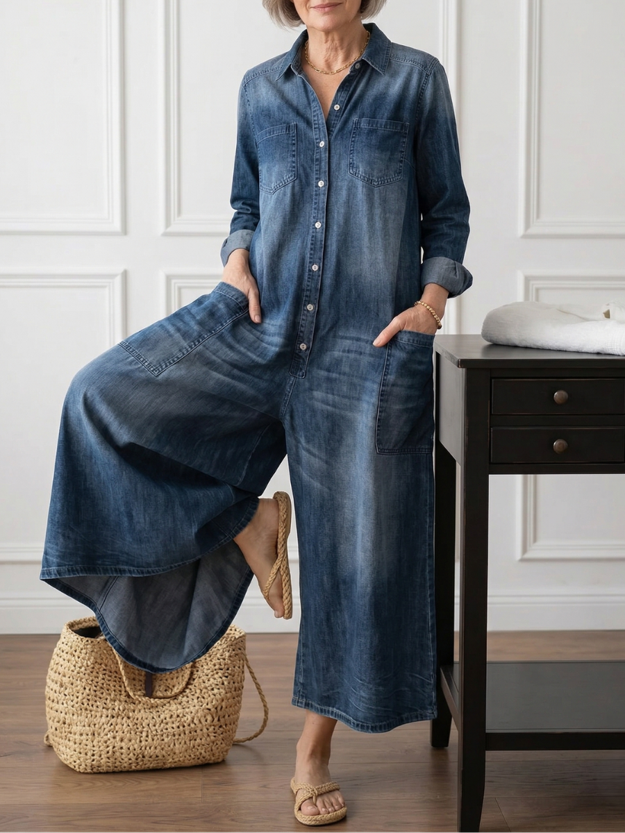 June - Vintage Washed Soft Cotton Denim Jumpsuit with Button Closure