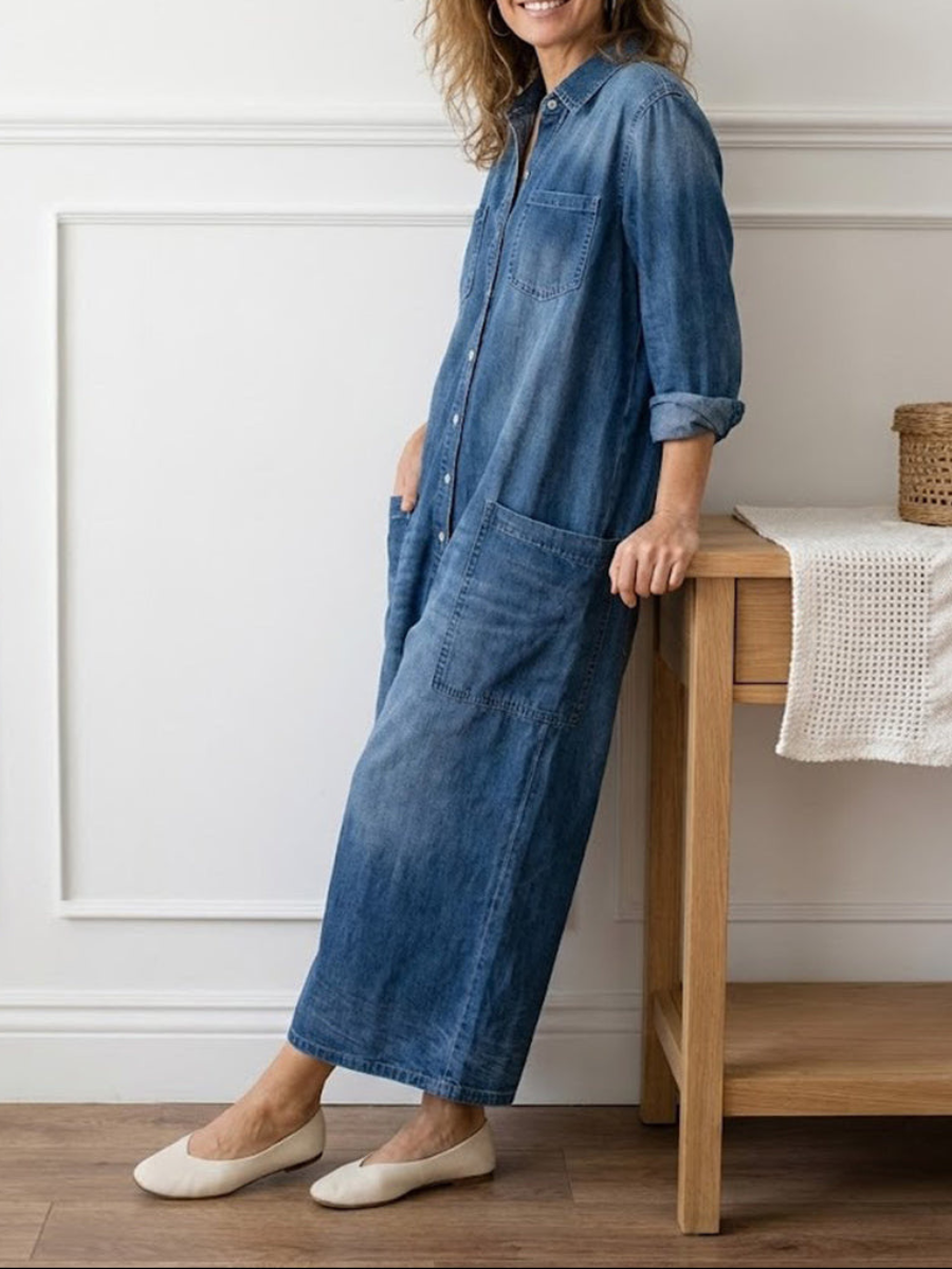 June - Vintage Washed Soft Cotton Denim Jumpsuit with Button Closure