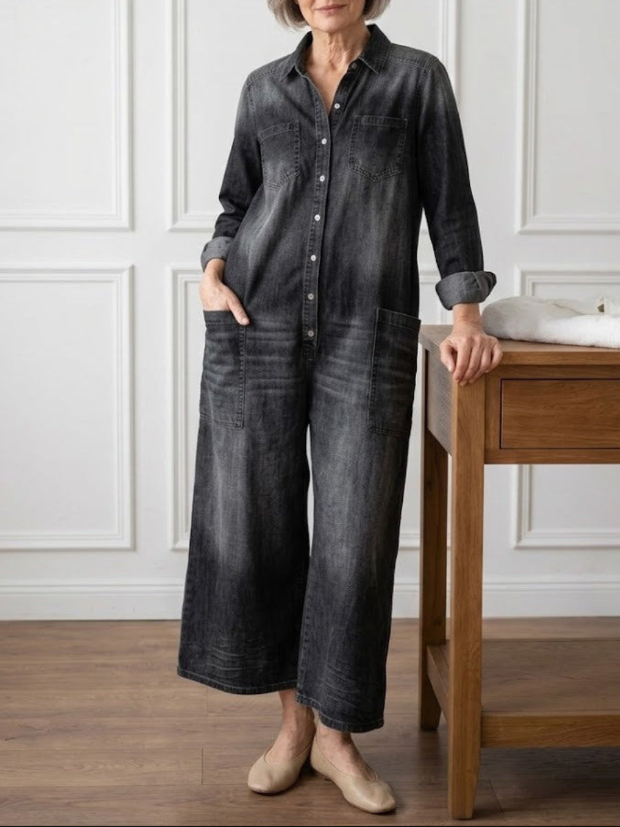 June - Vintage Washed Soft Cotton Denim Jumpsuit with Button Closure