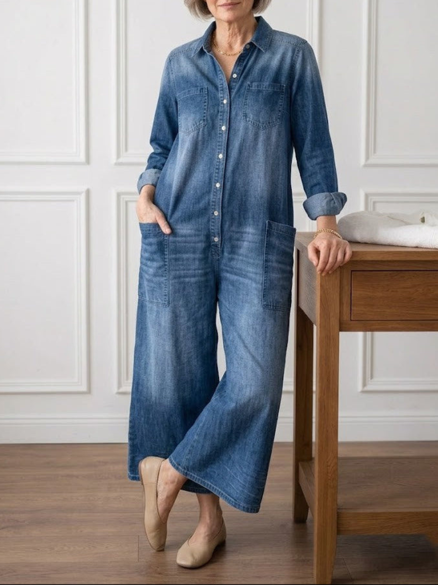 June - Vintage Washed Soft Cotton Denim Jumpsuit with Button Closure