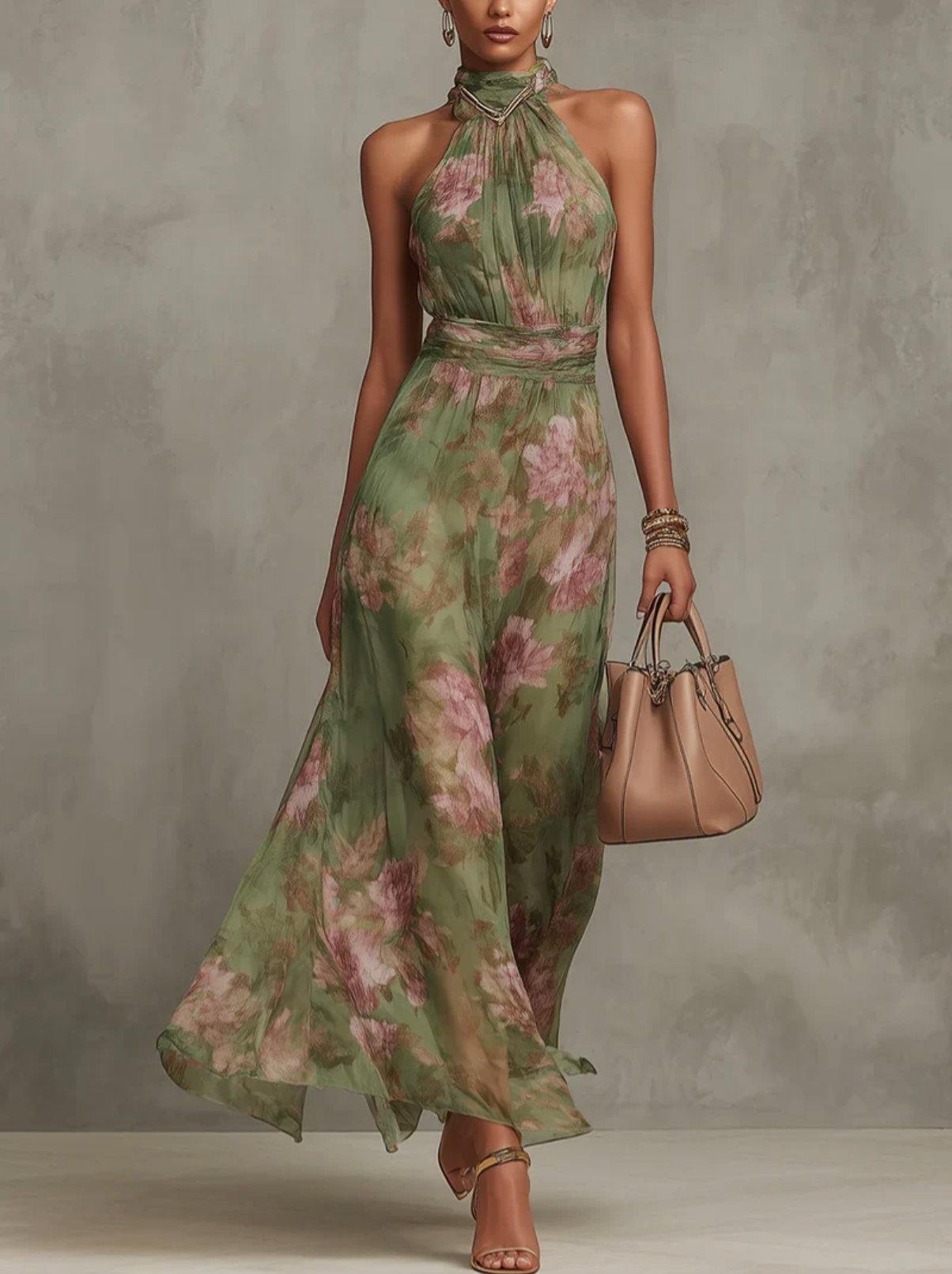 FIORI - GREEN FLORAL CHIFFON HALTER MAXI DRESS