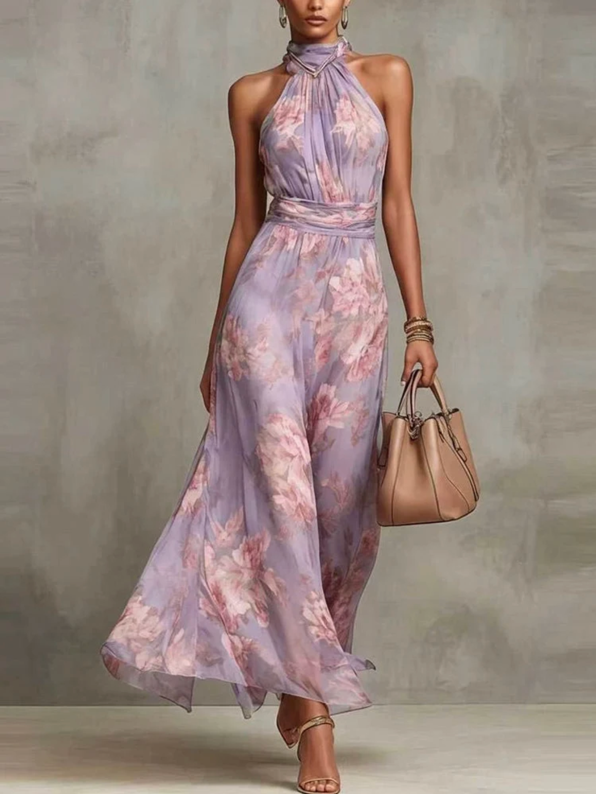 FIORI - GREEN FLORAL CHIFFON HALTER MAXI DRESS