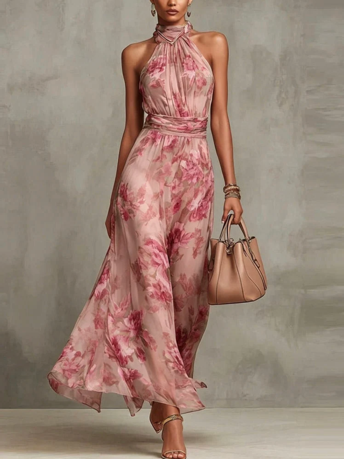 FIORI - GREEN FLORAL CHIFFON HALTER MAXI DRESS