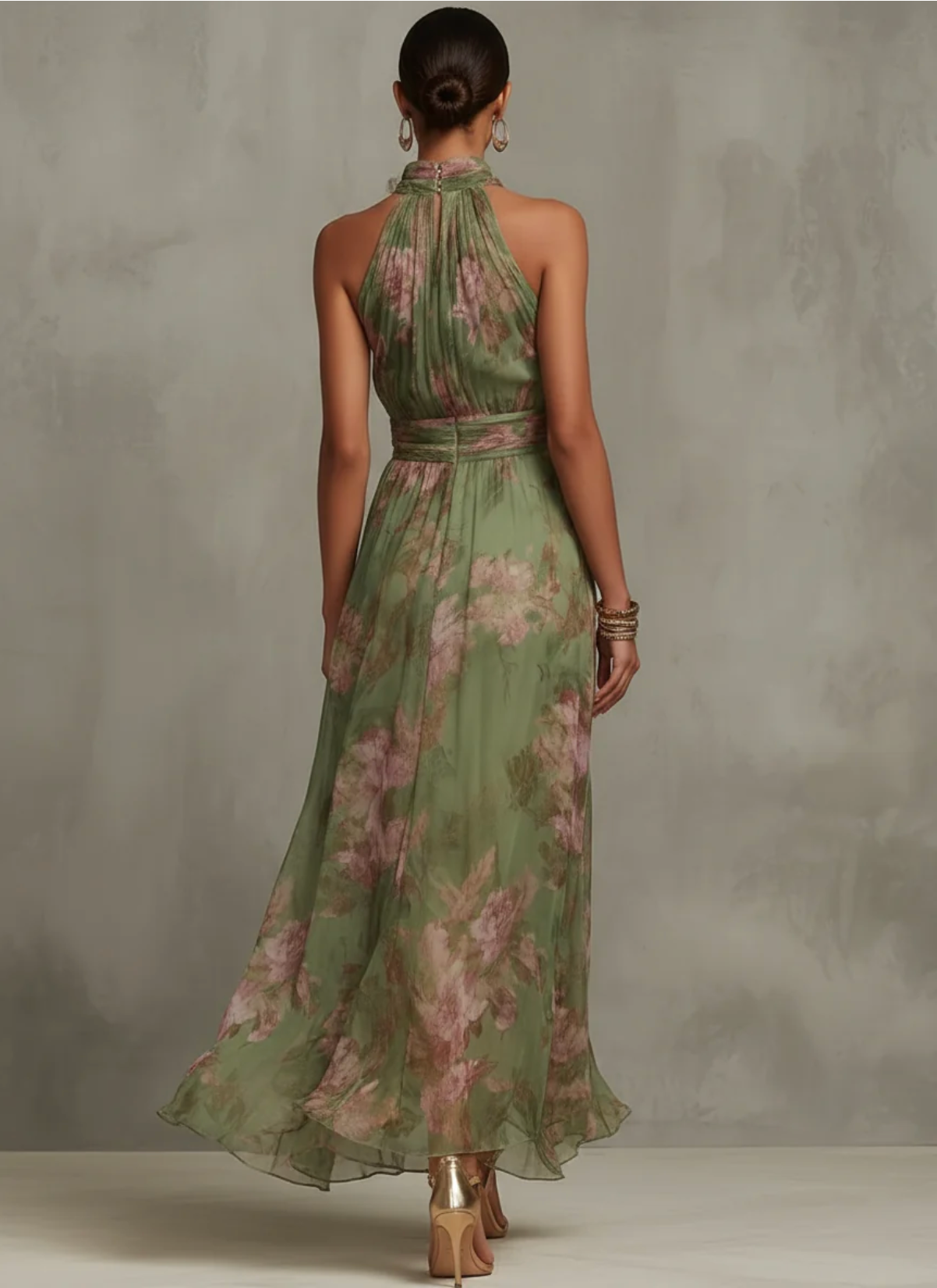 FIORI - GREEN FLORAL CHIFFON HALTER MAXI DRESS