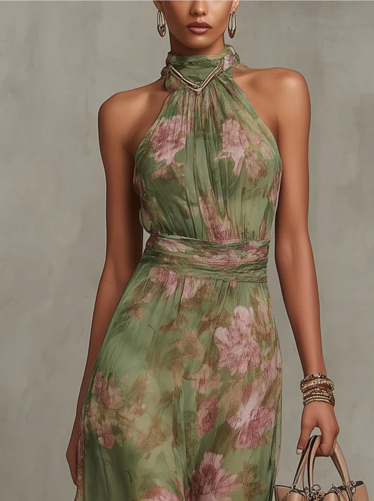 FIORI - GREEN FLORAL CHIFFON HALTER MAXI DRESS