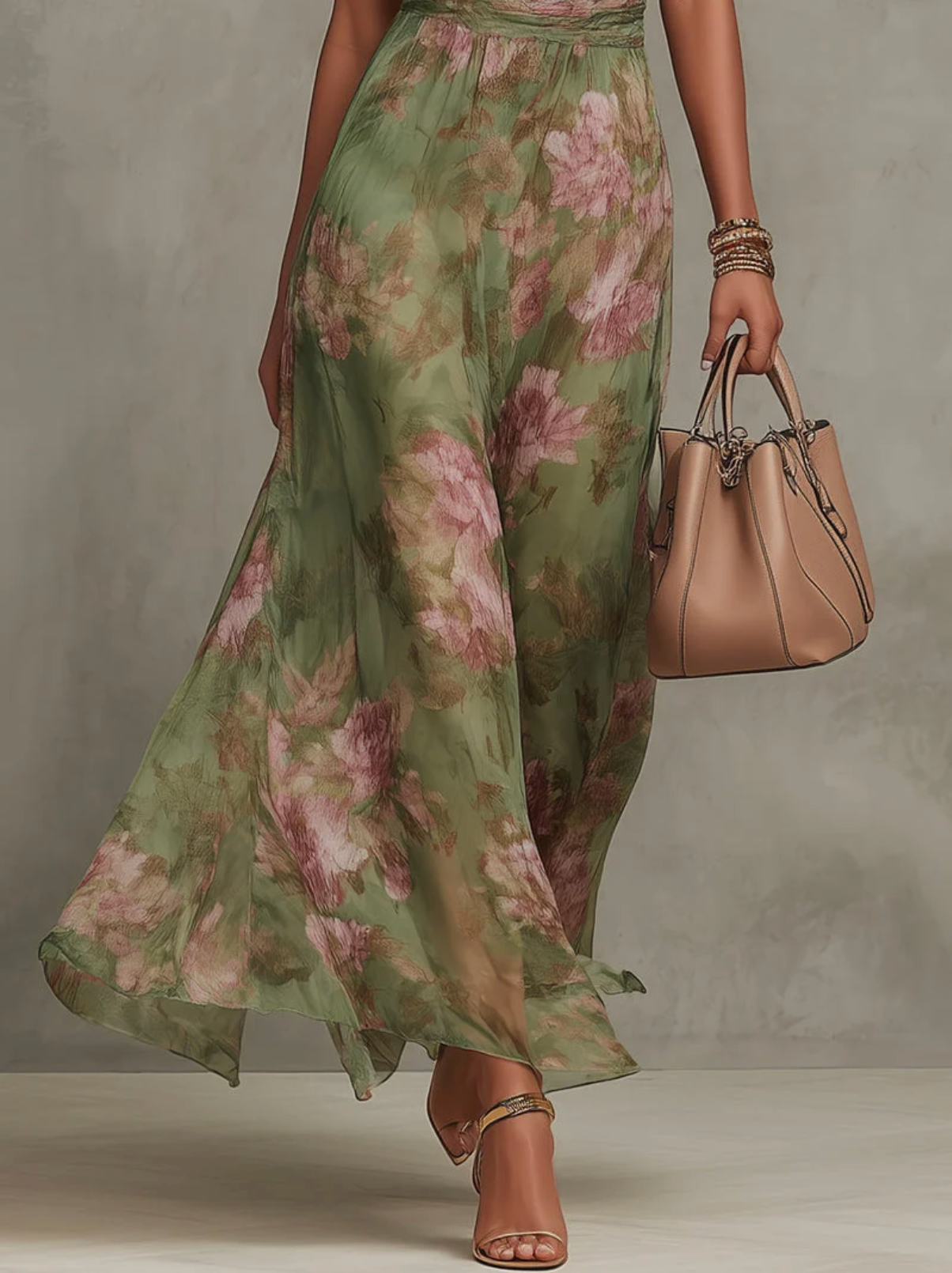FIORI - GREEN FLORAL CHIFFON HALTER MAXI DRESS