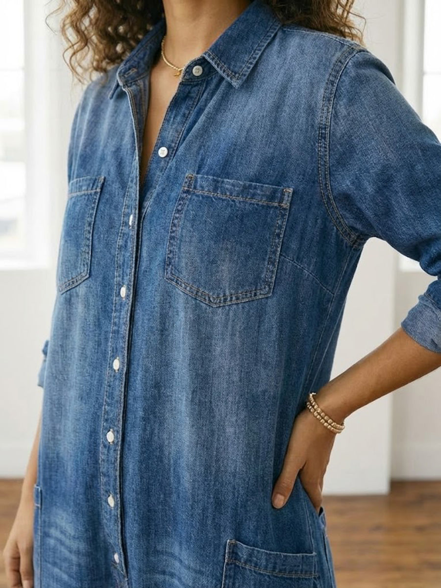 June - Vintage Washed Soft Cotton Denim Jumpsuit with Button Closure