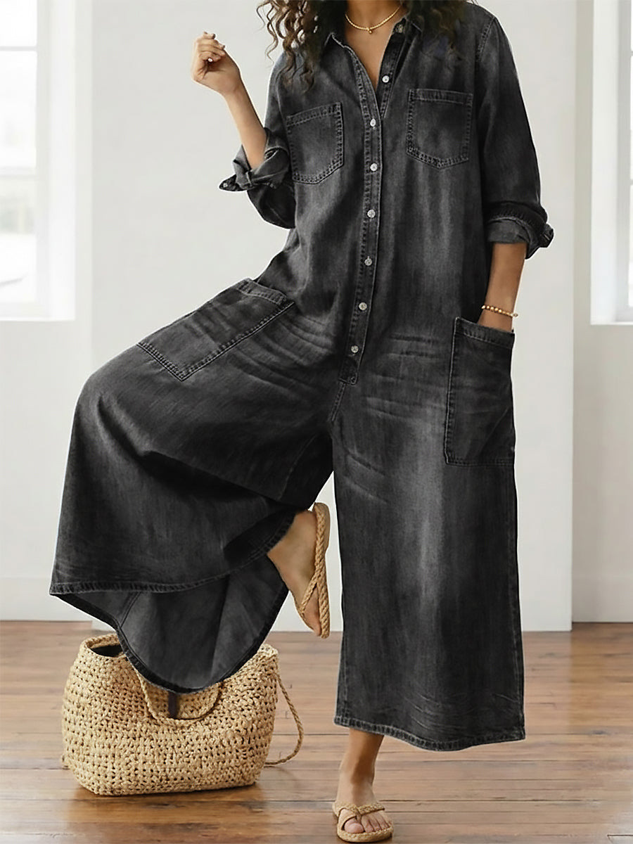 June - Vintage Washed Soft Cotton Denim Jumpsuit with Button Closure