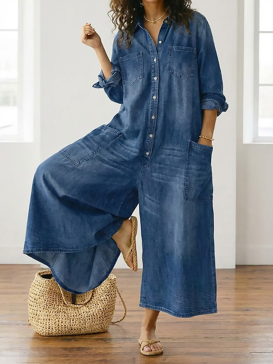 June - Vintage Washed Soft Cotton Denim Jumpsuit with Button Closure
