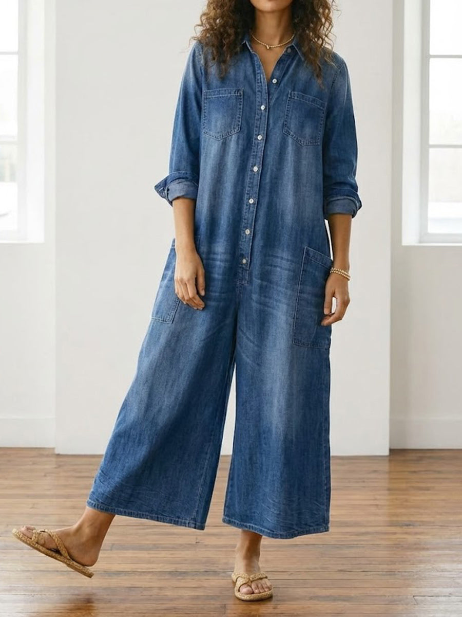 June - Vintage Washed Soft Cotton Denim Jumpsuit with Button Closure