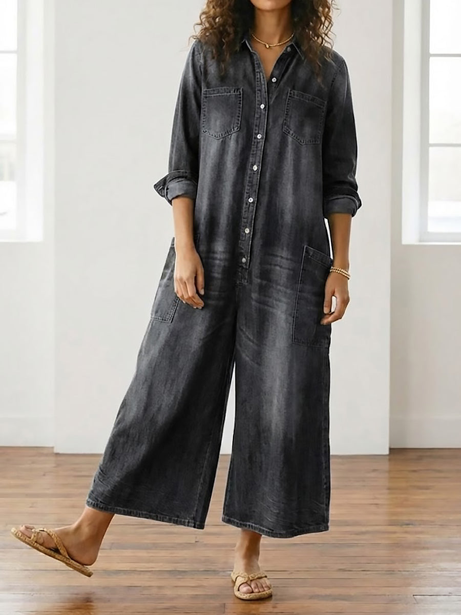 June - Vintage Washed Soft Cotton Denim Jumpsuit with Button Closure